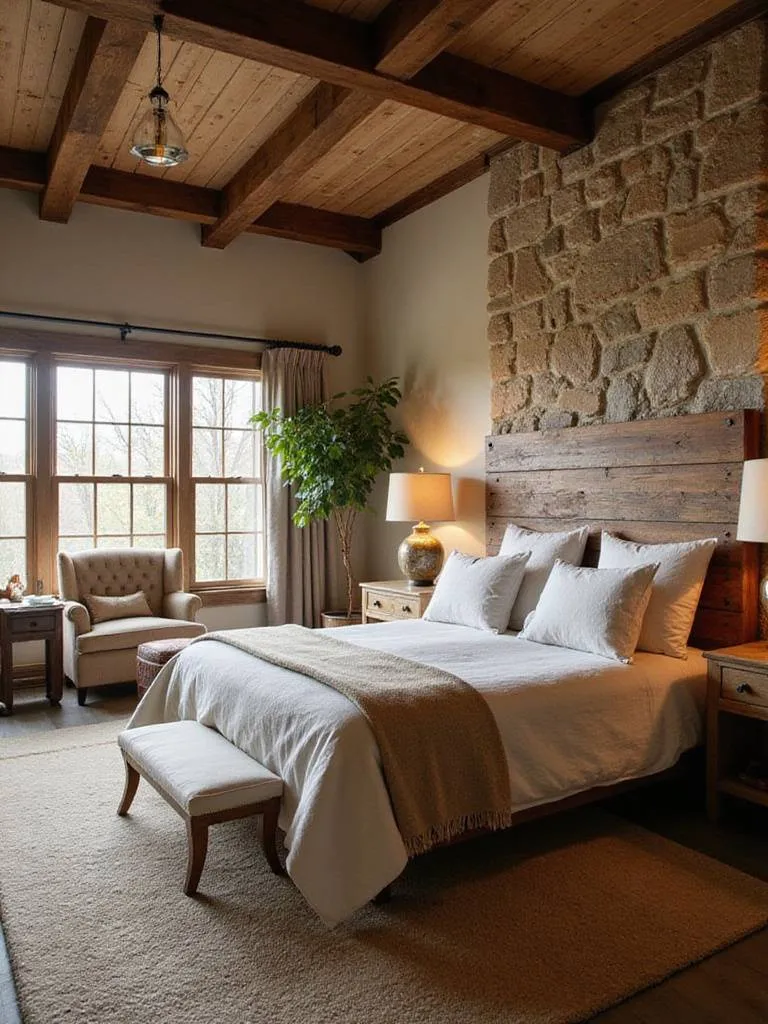 Rustic master bedroom with reclaimed wood headboard, linen bedding, and stone accent wall