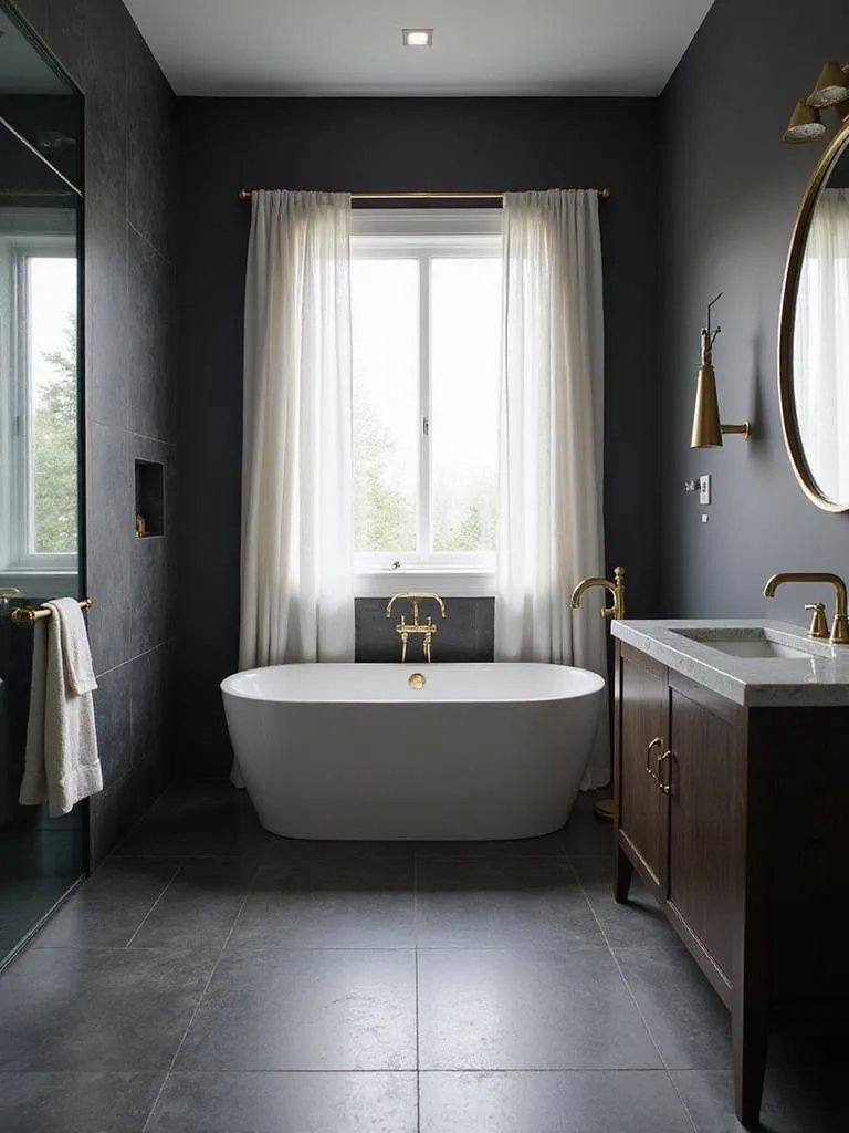 Moody dark gray bathroom with gold accents and a freestanding tub.