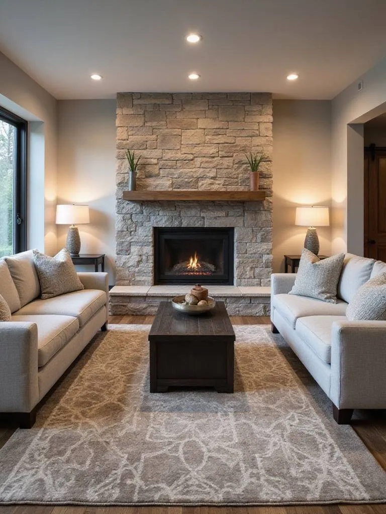 Living room with two sofas facing each other and a fireplace