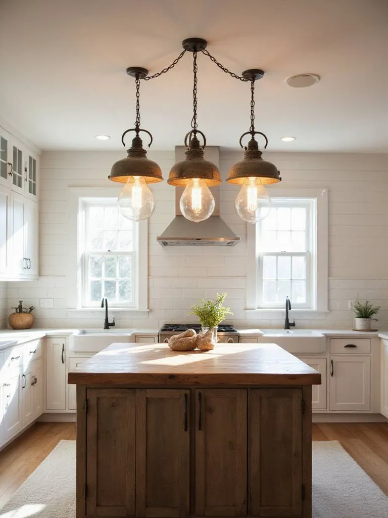 Farmhouse kitchen island lighting with distressed metal pendant lights and Edison bulbs.