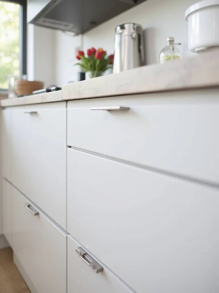 Modern kitchen cabinets with invisible finger pulls creating a sleek, handle-free design. Light colored flat-panel cabinets showcase minimalist edge hardware.