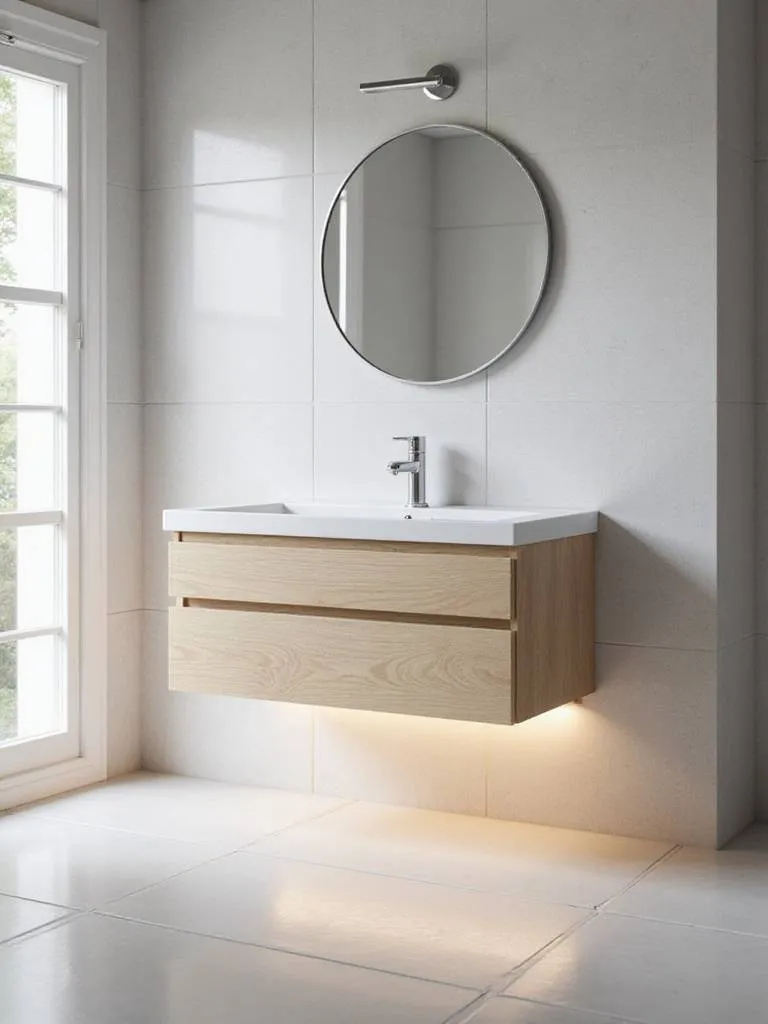 Modern bathroom with a light wood floating vanity, white countertop, and LED underlighting.