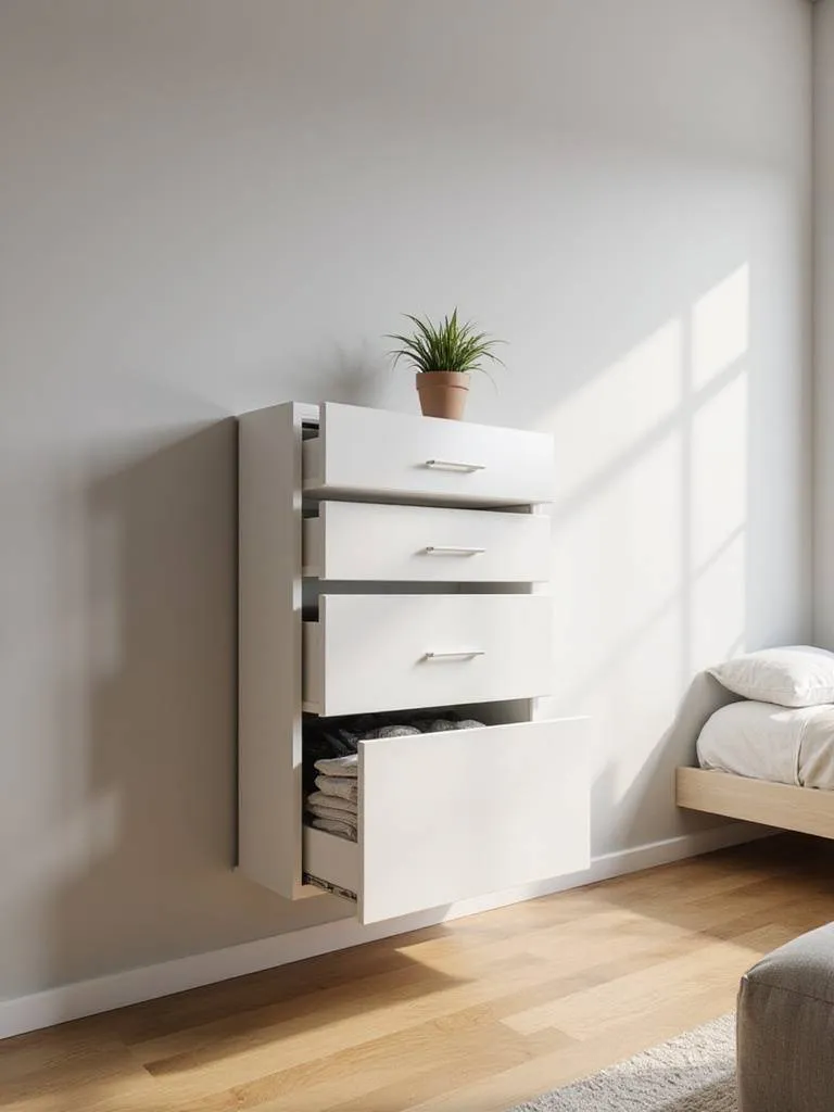 Modern bedroom with sleek white floating drawers providing space-saving storage.