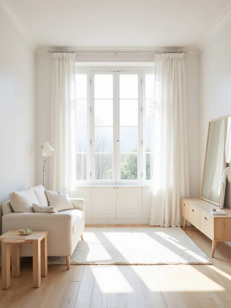 Bright Scandinavian living room with large window and mirror reflecting natural light