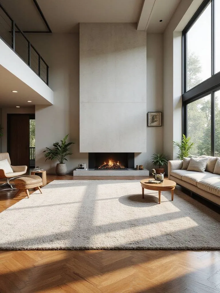 Modern living room layout with a fireplace and clear traffic flow.