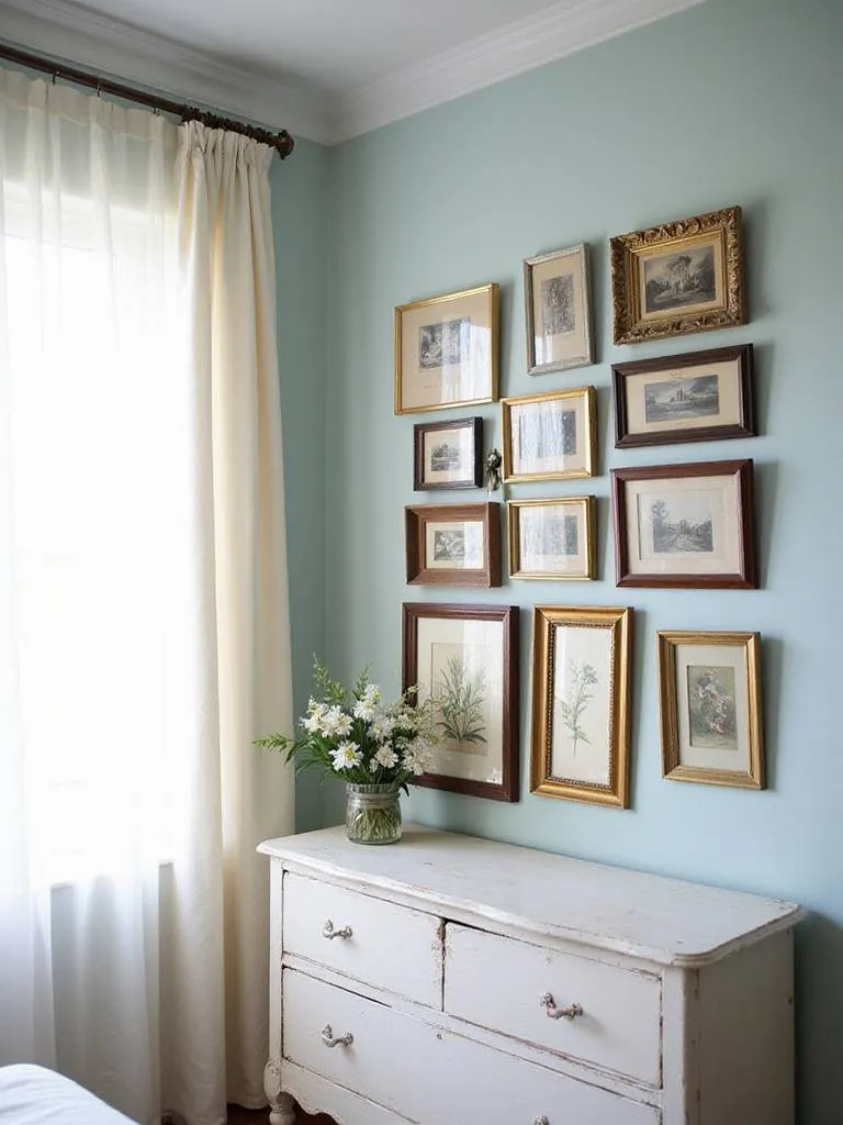 Vintage bedroom with a gallery wall of antique picture frames displaying photographs and botanical prints.