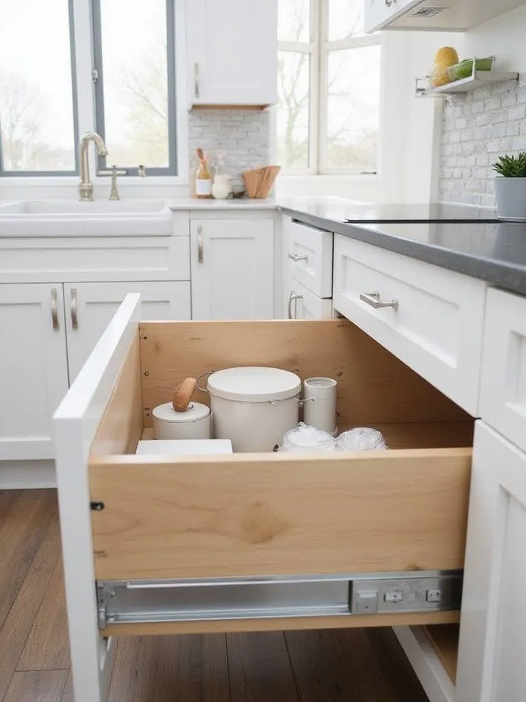 A kitchen base cabinet with a deep drawer fully extended using full extension slides, showing complete access to the stored items inside, such as pots and pans.