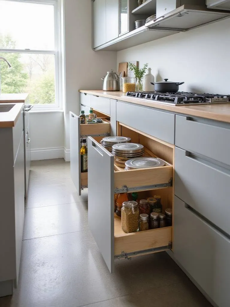 Kitchen base cabinets with multiple functional pull-out shelves extended, showing organized pots, pans, and pantry items.