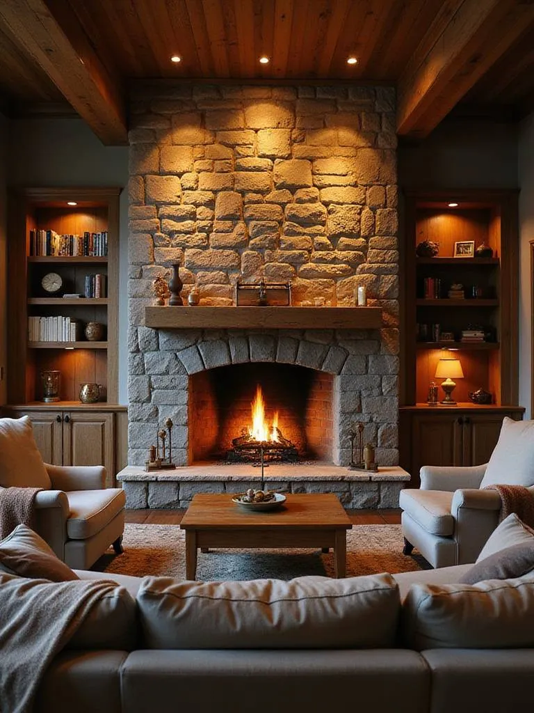 Cozy living room with a stone fireplace as the focal point