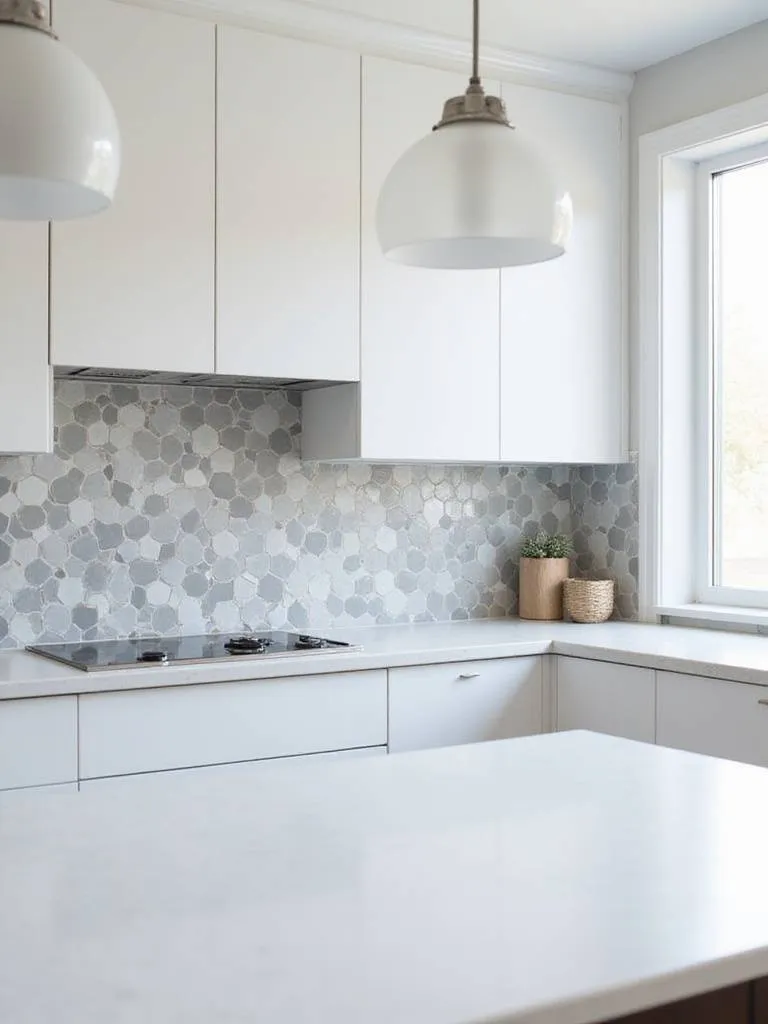 Modern kitchen backsplash with geometric hexagonal tile pattern in gray and white.