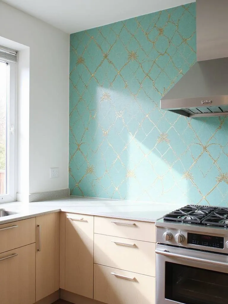 Modern kitchen with geometric patterned wallpaper backsplash protected by clear glass.