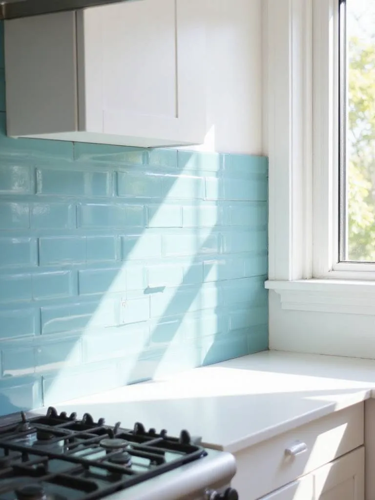 Modern kitchen backsplash featuring light blue glass subway tiles reflecting natural light.
