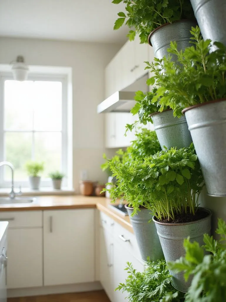 Small kitchen with a wall-mounted vertical herb garden filled with fresh herbs.