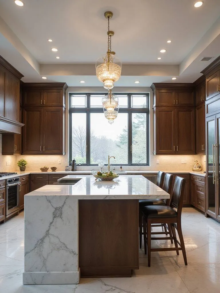 Luxury kitchen featuring a grand kitchen island with waterfall edge and integrated appliances