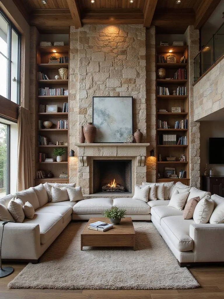 Grand living room with stone fireplace and luxurious furniture