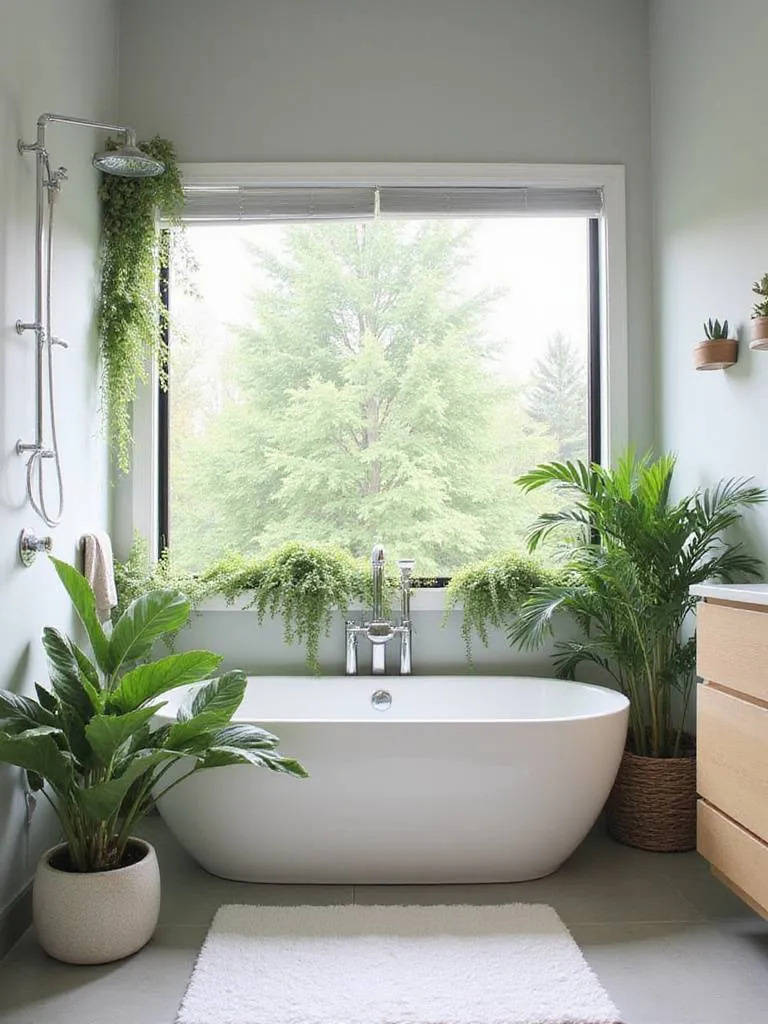 Bathroom interior with lush green plants creating a relaxing spa-like atmosphere