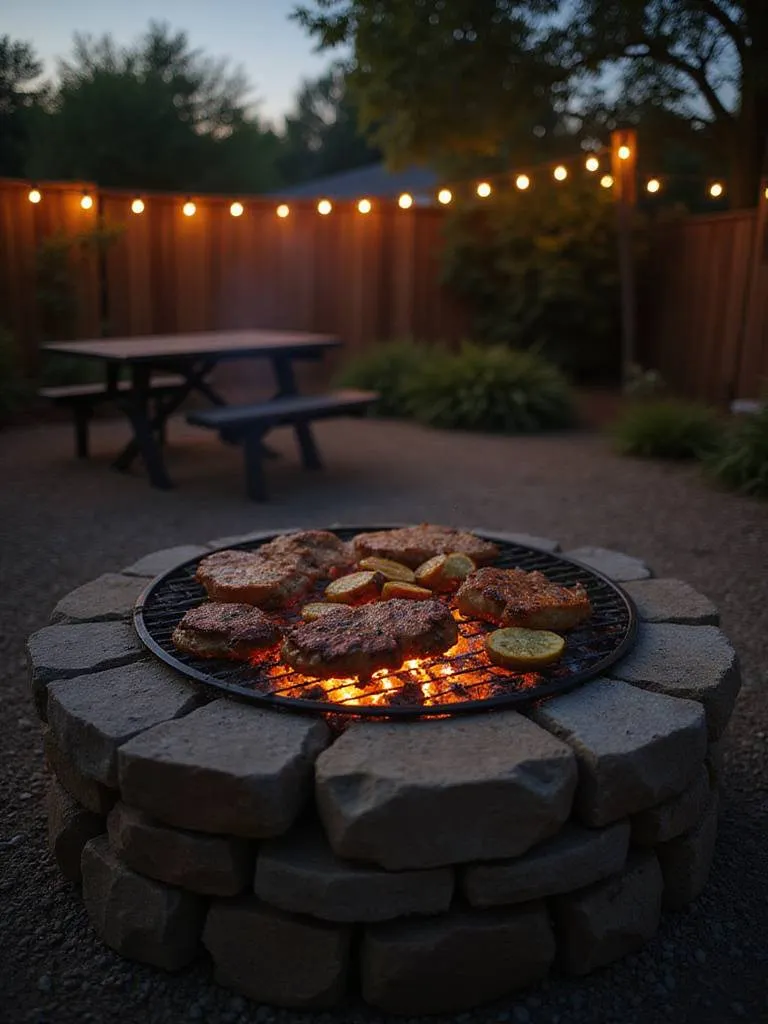 Backyard fire pit with grill grate, showcasing open-flame cooking at dusk.