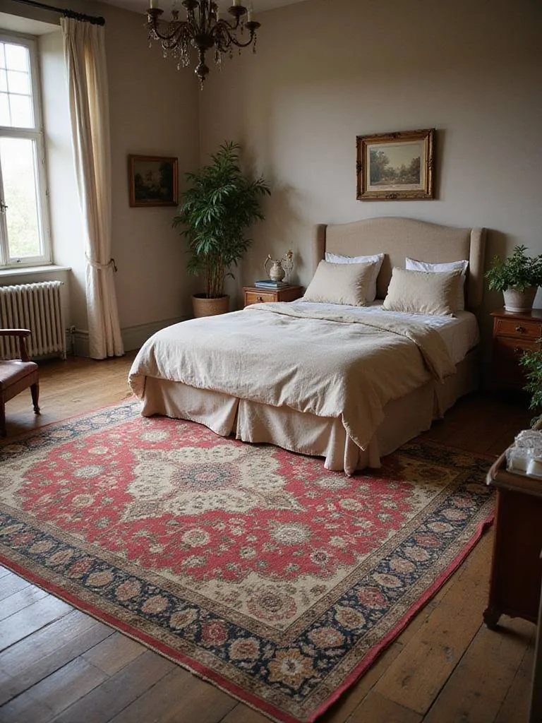 Vintage bedroom with Persian rug grounding the space
