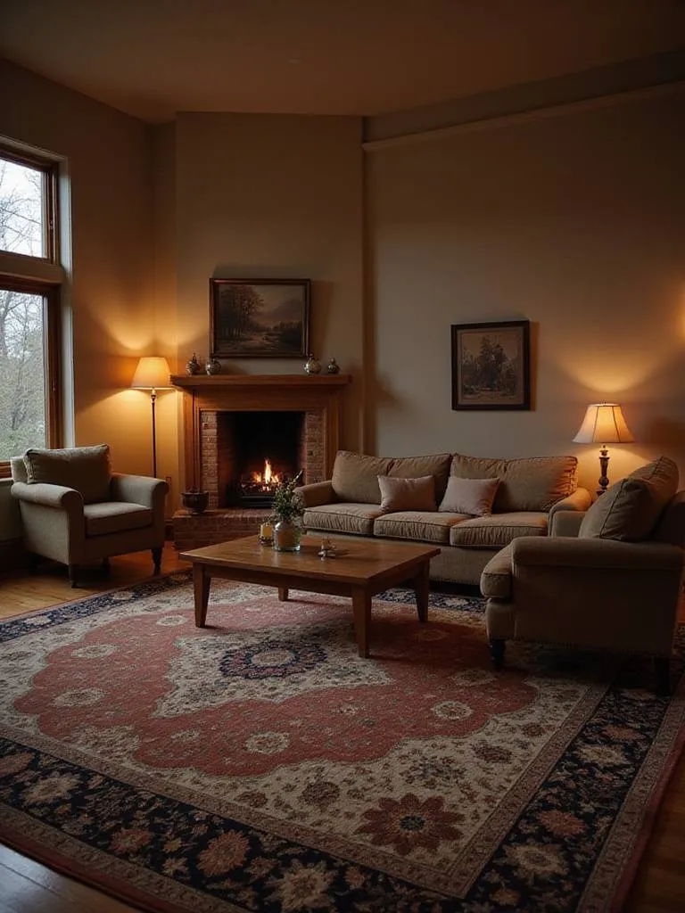 Cozy living room with a patterned area rug defining the seating area.