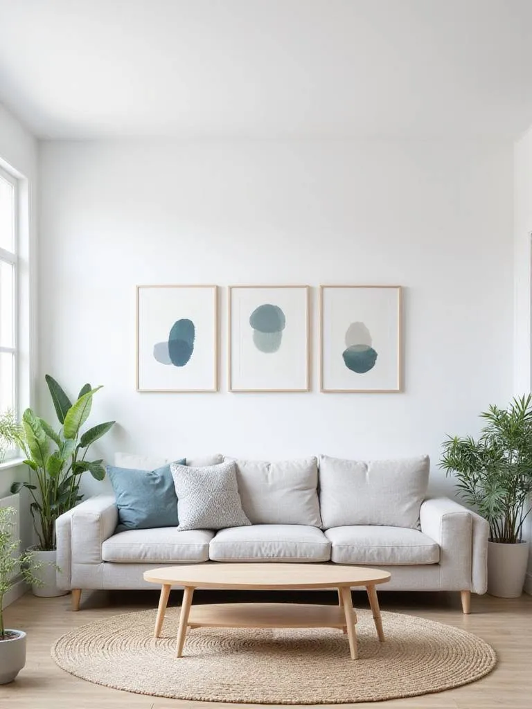 Scandinavian living room with minimalist abstract art prints above a light grey sofa.