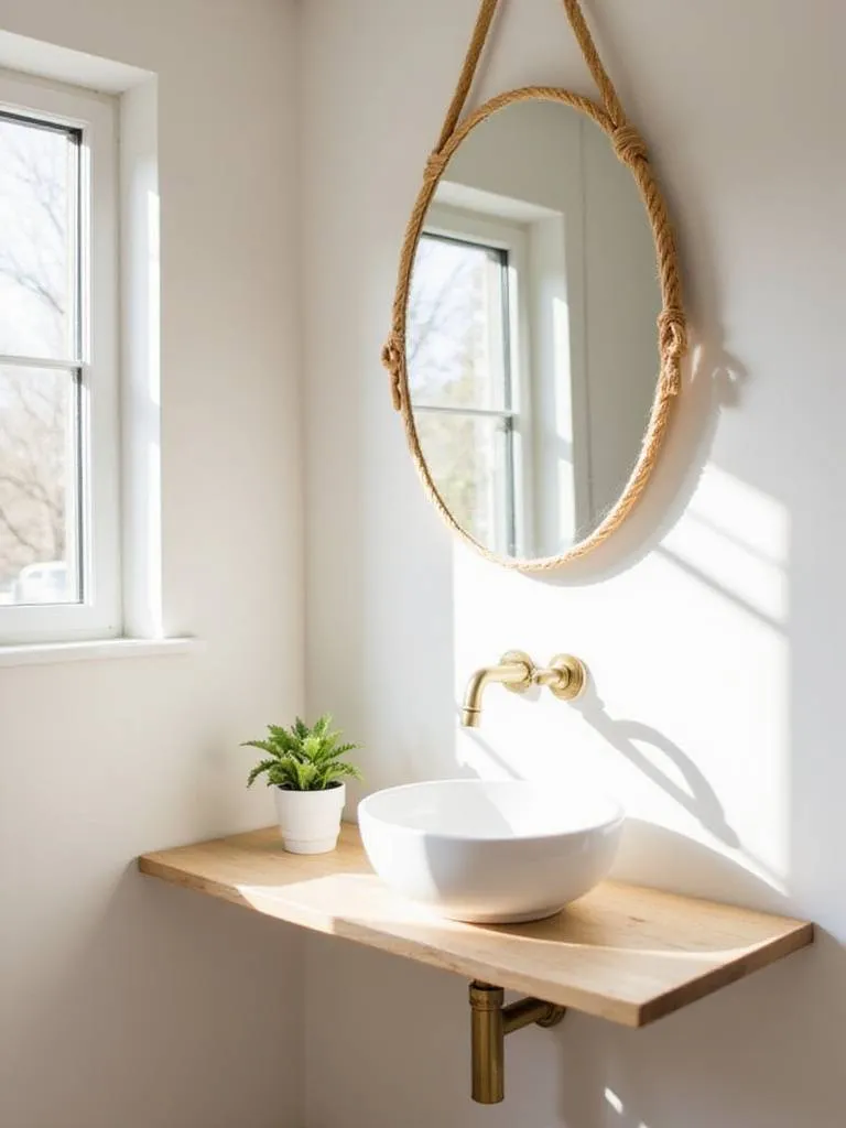 Bathroom with rattan mirror and wooden vanity