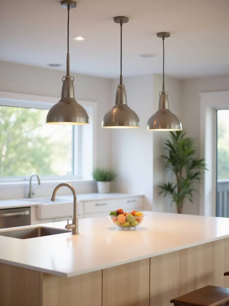 Modern kitchen with brushed nickel pendant lights hanging at the correct height above the island.