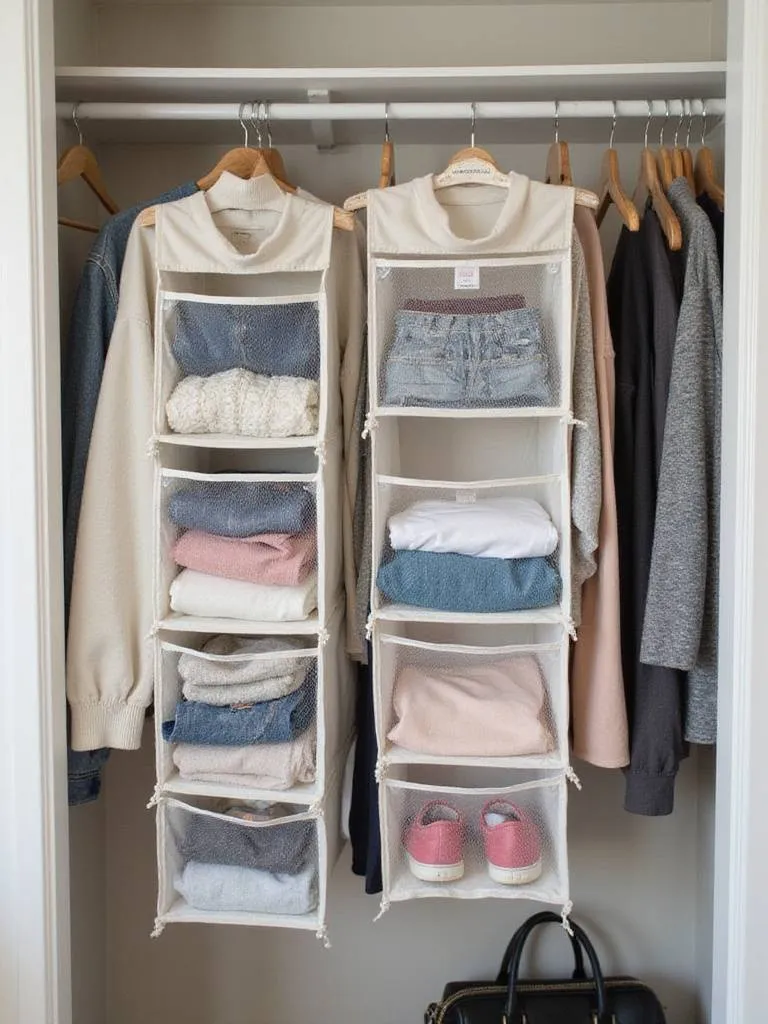 Hanging closet organizers with clothes, shoes, and handbags.