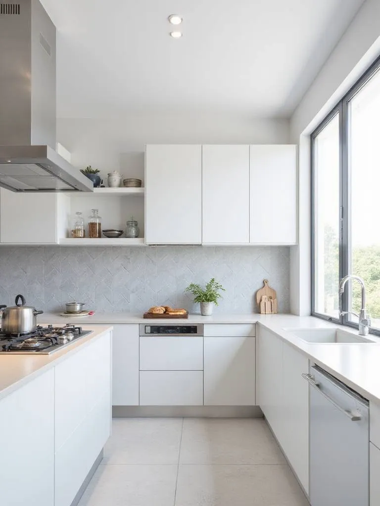 Modern kitchen with light gray herringbone tile backsplash