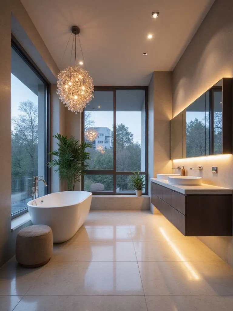 Modern bathroom with sculptural chandelier and LED strip lighting under vanity