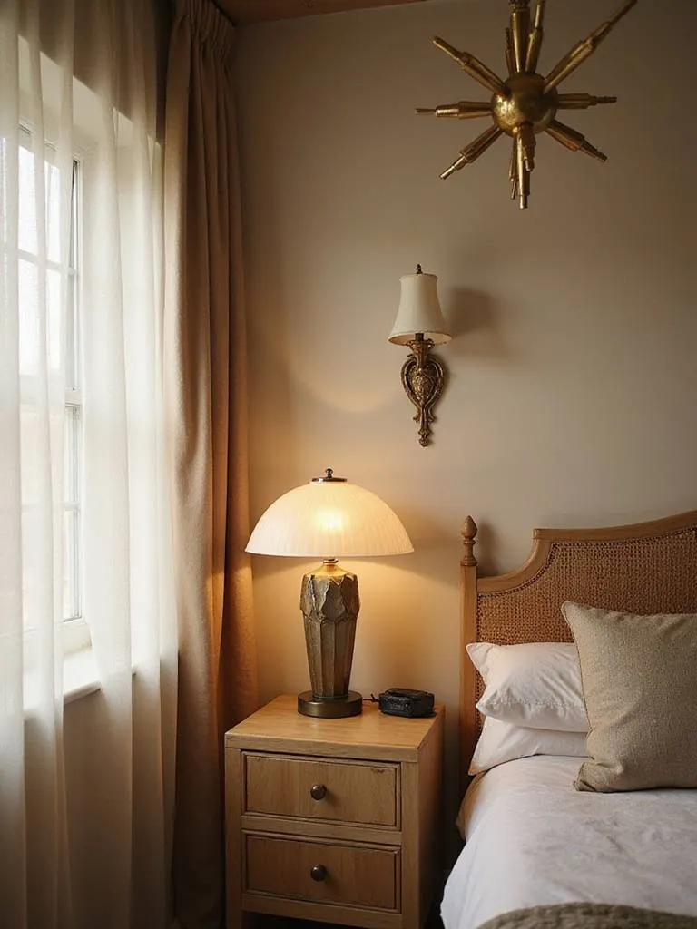 Vintage bedroom with Art Deco lamp, Sputnik chandelier, and Victorian sconce, showcasing elegant lighting fixtures.