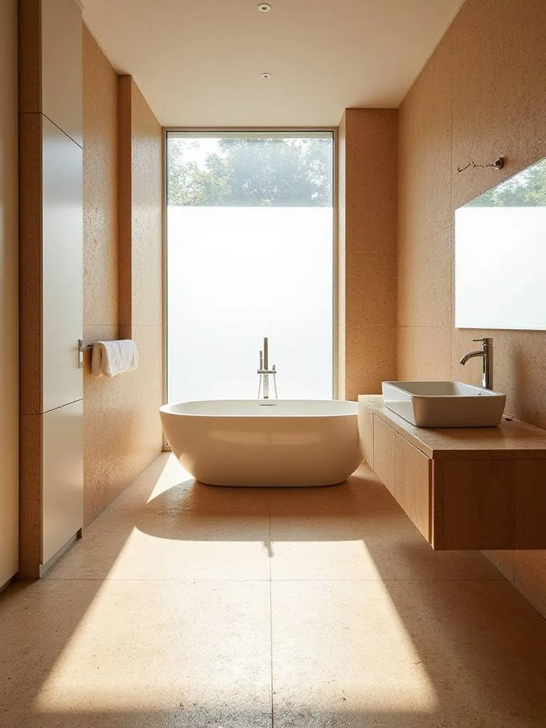 Bathroom with cork flooring and accent wall, creating a warm and sustainable space