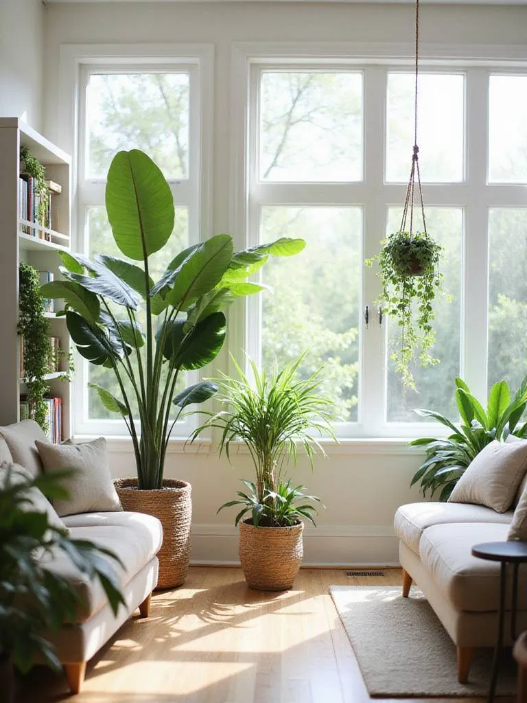 Living room interior with various indoor plants creating a fresh and vibrant atmosphere