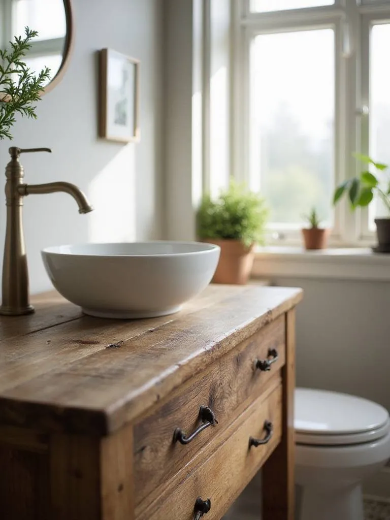 Reclaimed wood vanity with vessel sink in a serene organic bathroom