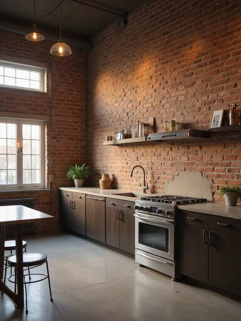 Modern kitchen with exposed brick backsplash, stainless steel appliances, and concrete countertops