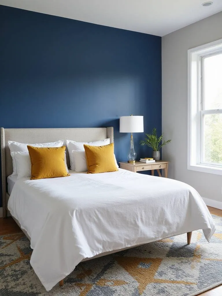 Master bedroom with bold blue accent wall and mustard yellow accents