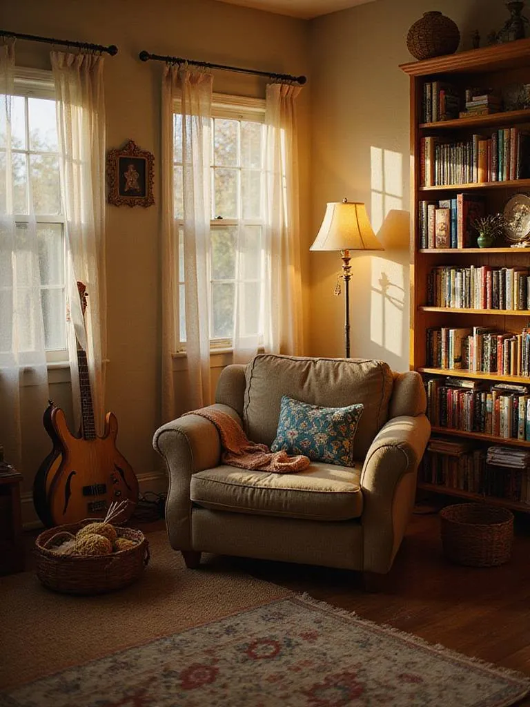 Cozy living room with bookshelf, guitar, and knitting supplies, creating a personalized and inviting atmosphere.