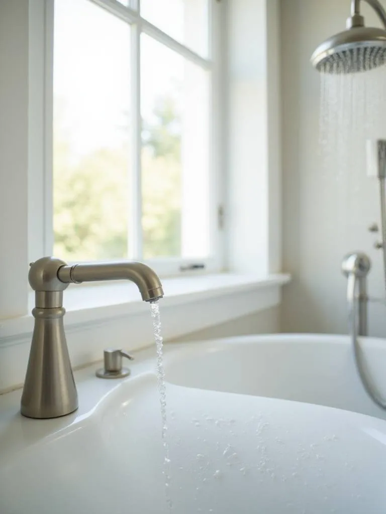 Modern water-saving faucet and showerhead in a bright bathroom