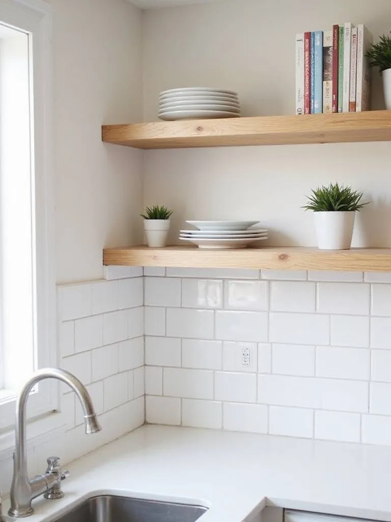 Modern kitchen with open shelving integrated into a white subway tile backsplash.