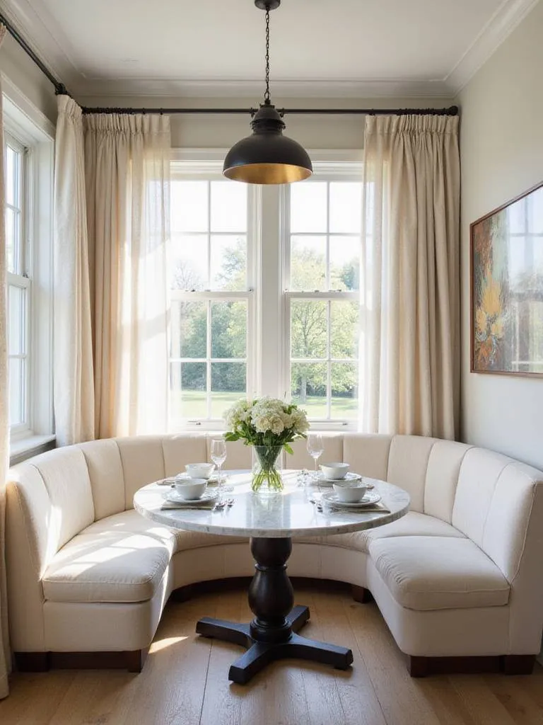 Luxurious breakfast nook featuring a curved banquette, marble table, and pendant lighting.