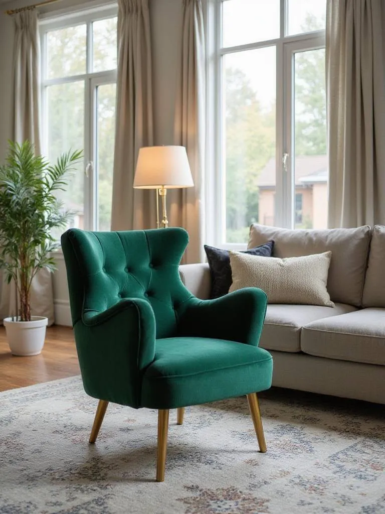 Emerald green velvet accent chair in a modern living room