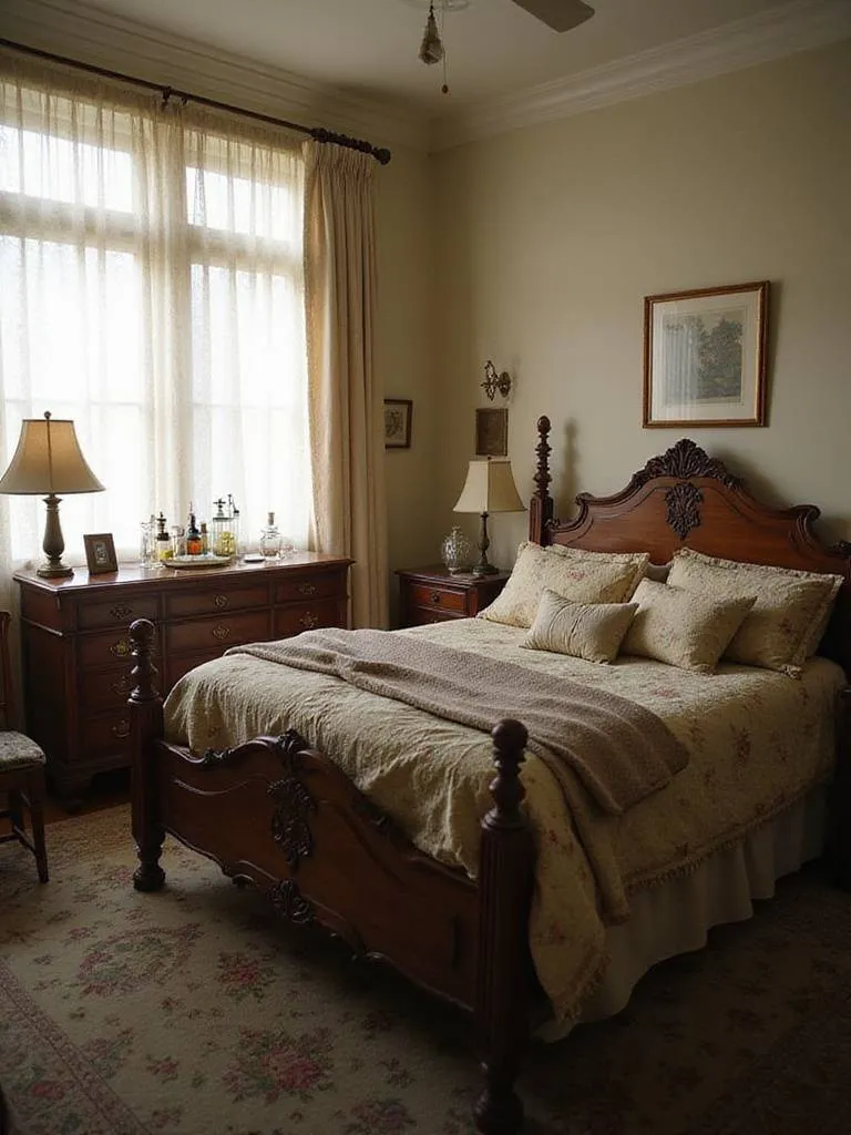 Vintage bedroom with antique wood bed and dresser