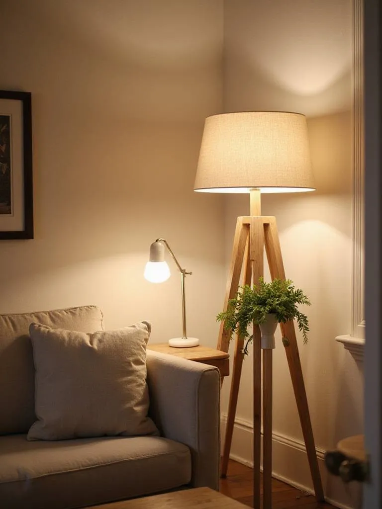 Scandinavian living room with soft ambient lighting from table and floor lamps.