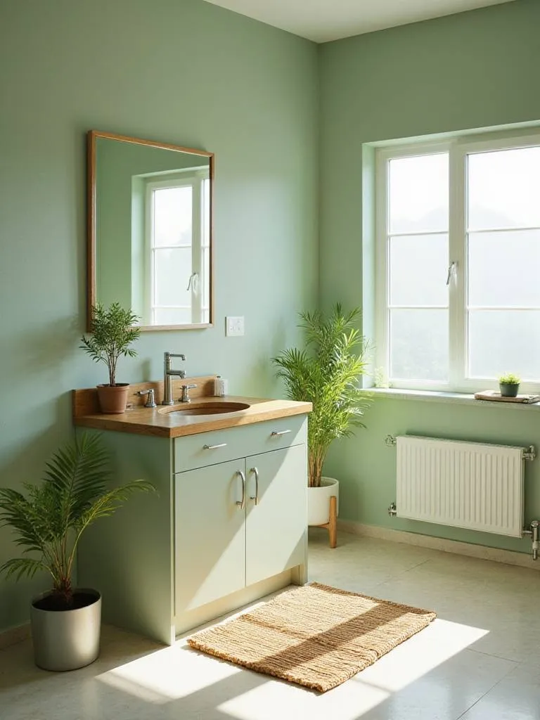 Calming green bathroom with natural light and bamboo accents
