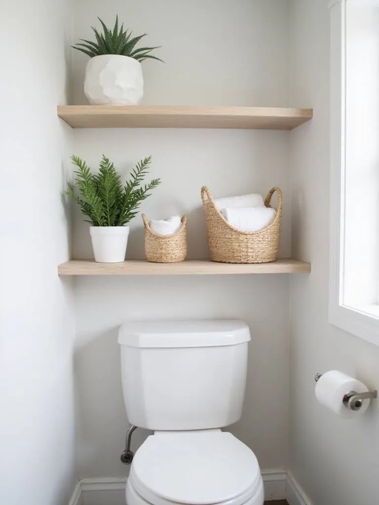 A neatly organized bathroom shelf over a toilet with minimal items like folded towels and storage baskets, showcasing a clean, clutter-free look.