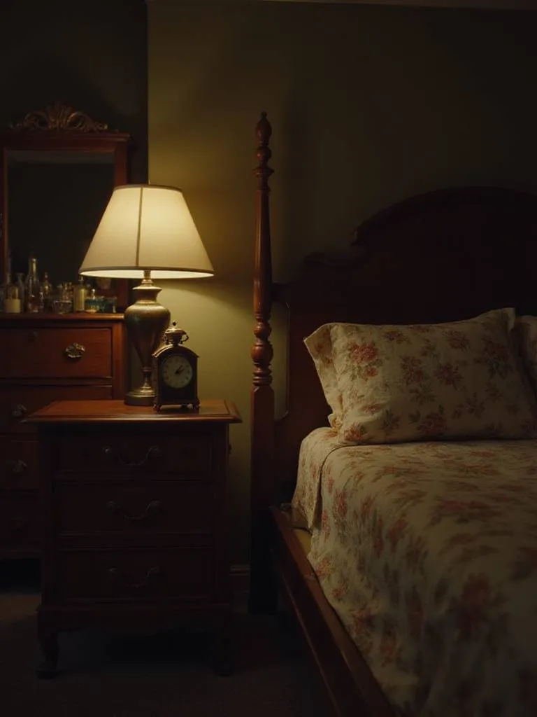 Vintage bedroom with a brass Art Deco alarm clock on a mahogany nightstand.