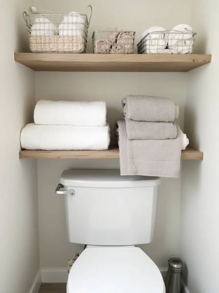 Bathroom shelf over toilet neatly organized with rolled and folded hand towels in baskets and stacks.