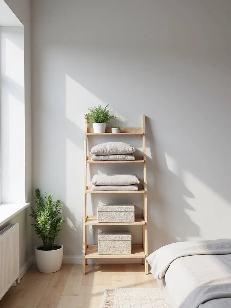 Light wood ladder shelf in a modern bedroom holding plants, decorative boxes, and folded sweaters.