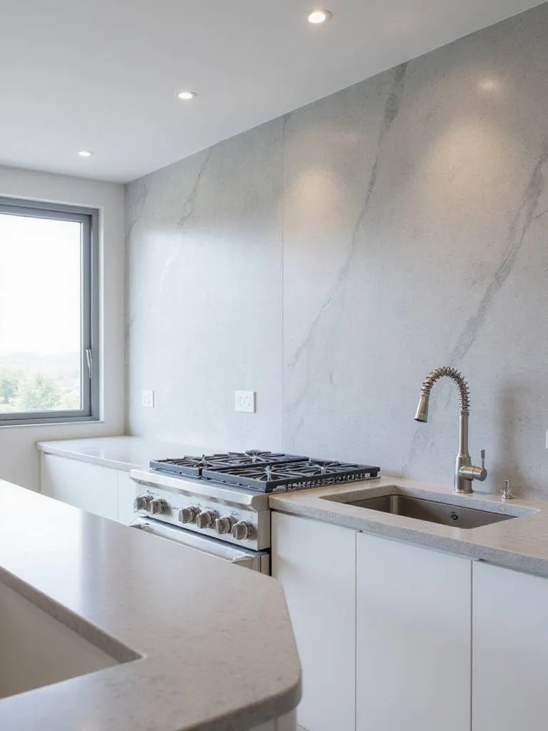 Modern kitchen with large format grey marble slab backsplash