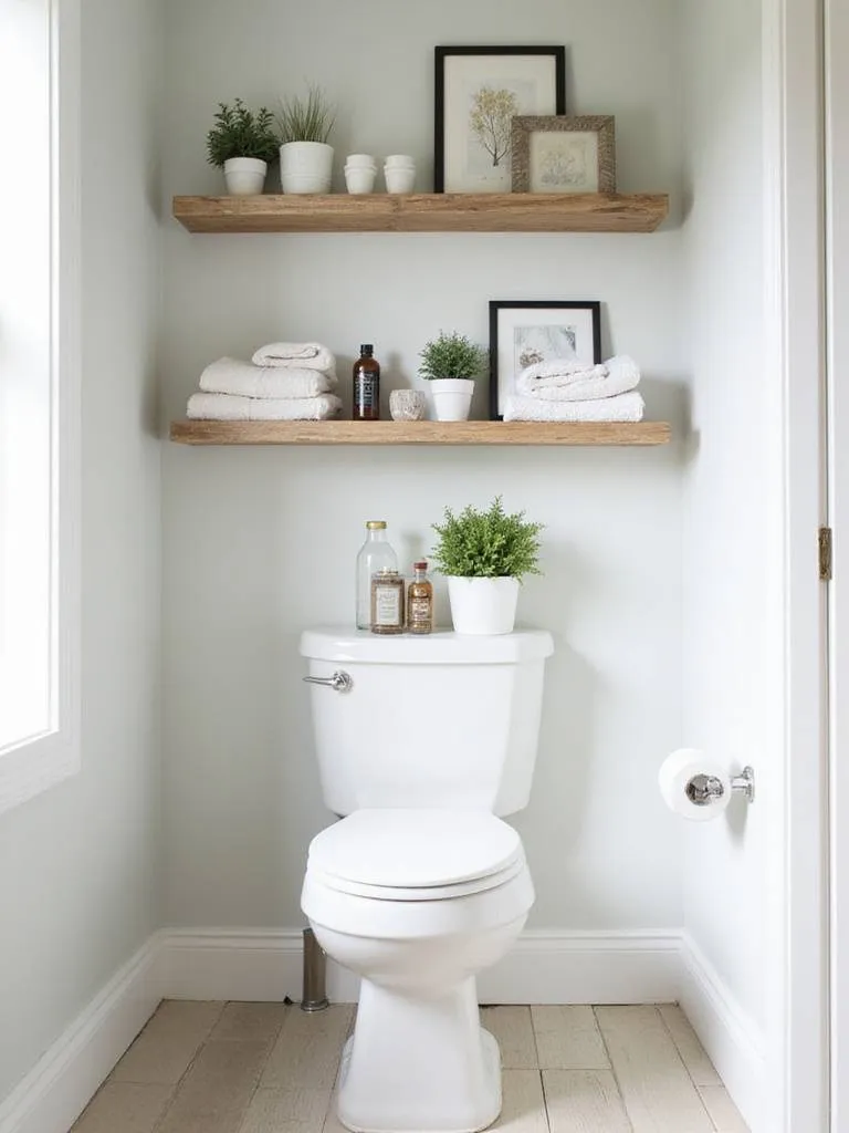 Bathroom shelf over a toilet styled with layered items including folded towels, plants, and framed art, creating visual interest and depth.
