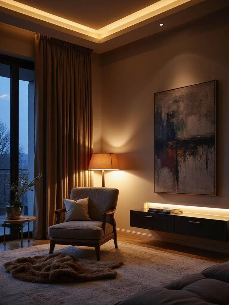 Modern living room with layered lighting scheme, including ambient, task, and accent lights.